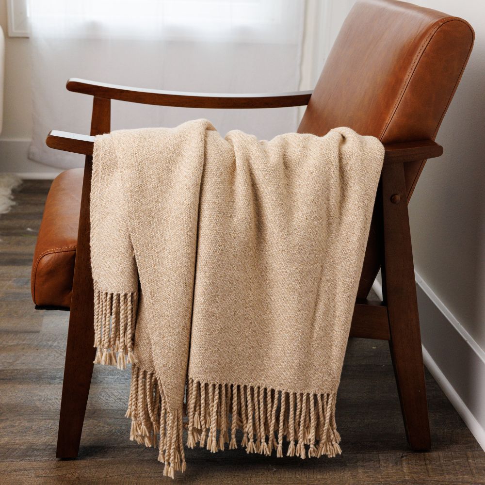 Kulsi Collection - Handloomed Undyed Baby Alpaca & Peruvian Pima Cotton Light Tan Throw Blanket From Peru
