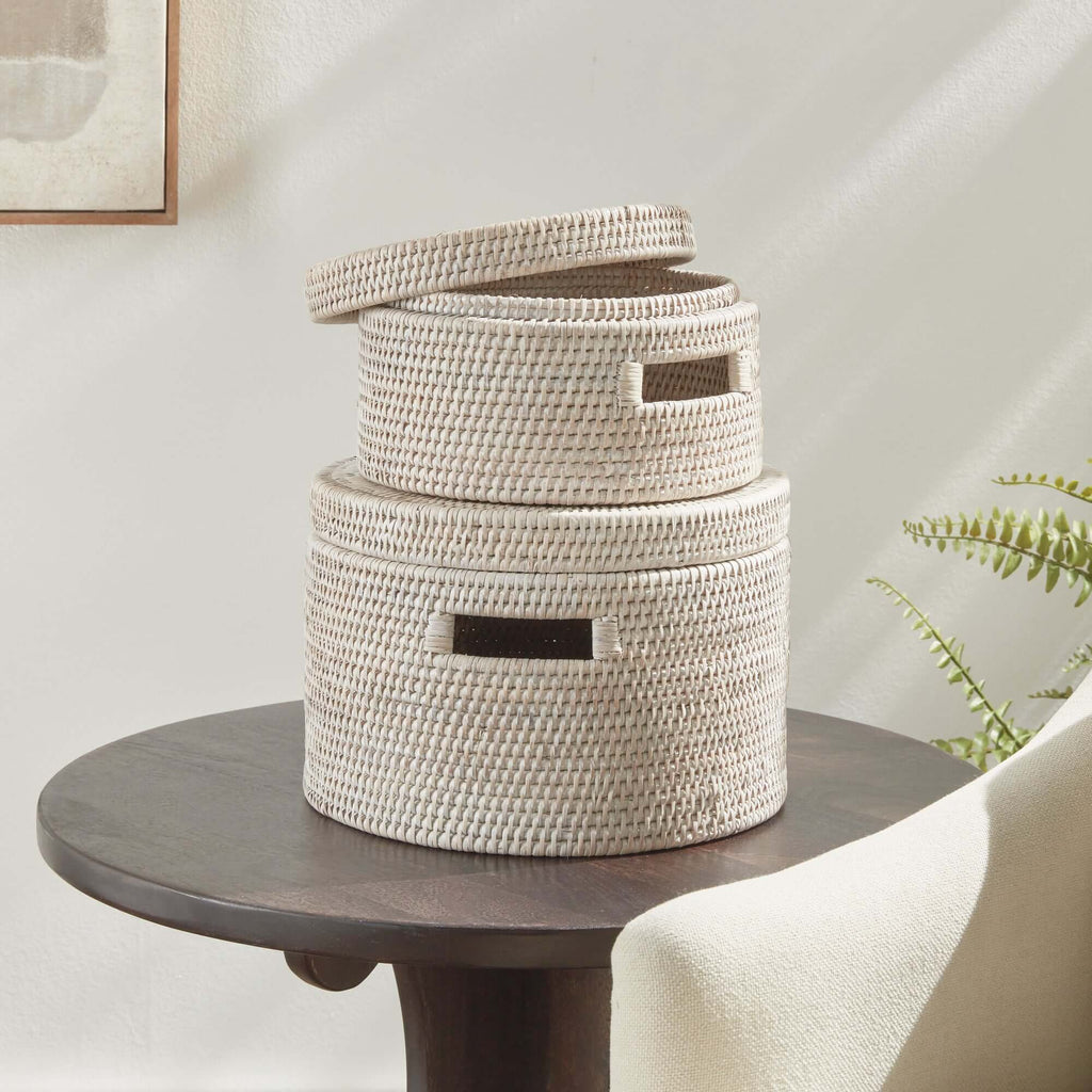 Round Rattan Storage Baskets with Lids (Set of 2)