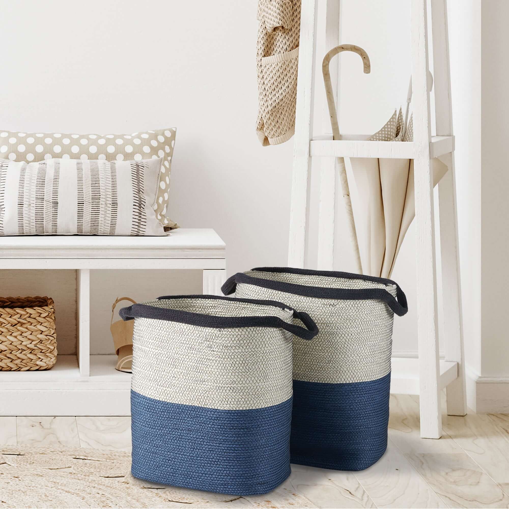 Coastal Blue and Natural Woven Storage Baskets with Handles (Set of 2)