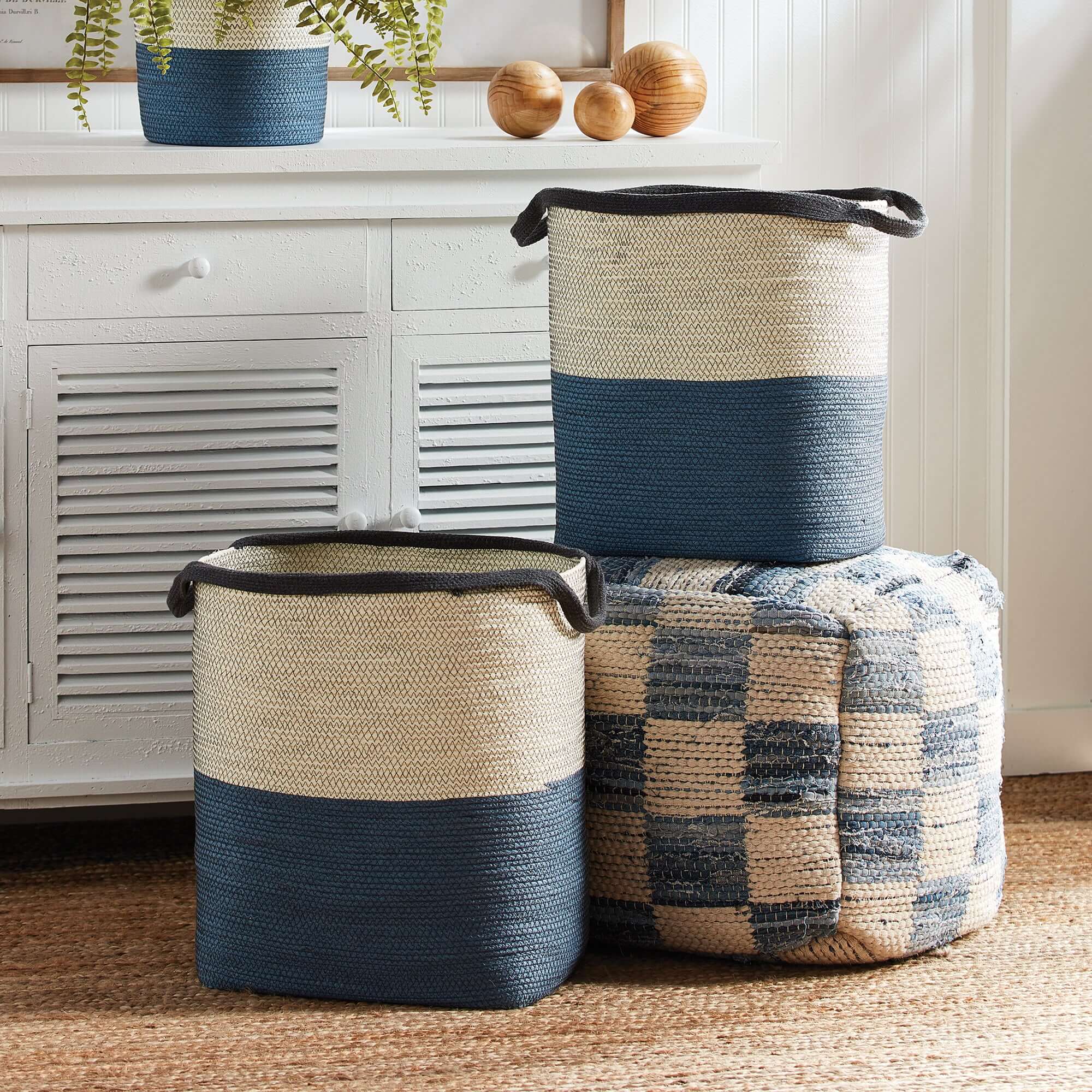 Coastal Blue and Natural Woven Storage Baskets with Handles (Set of 2)