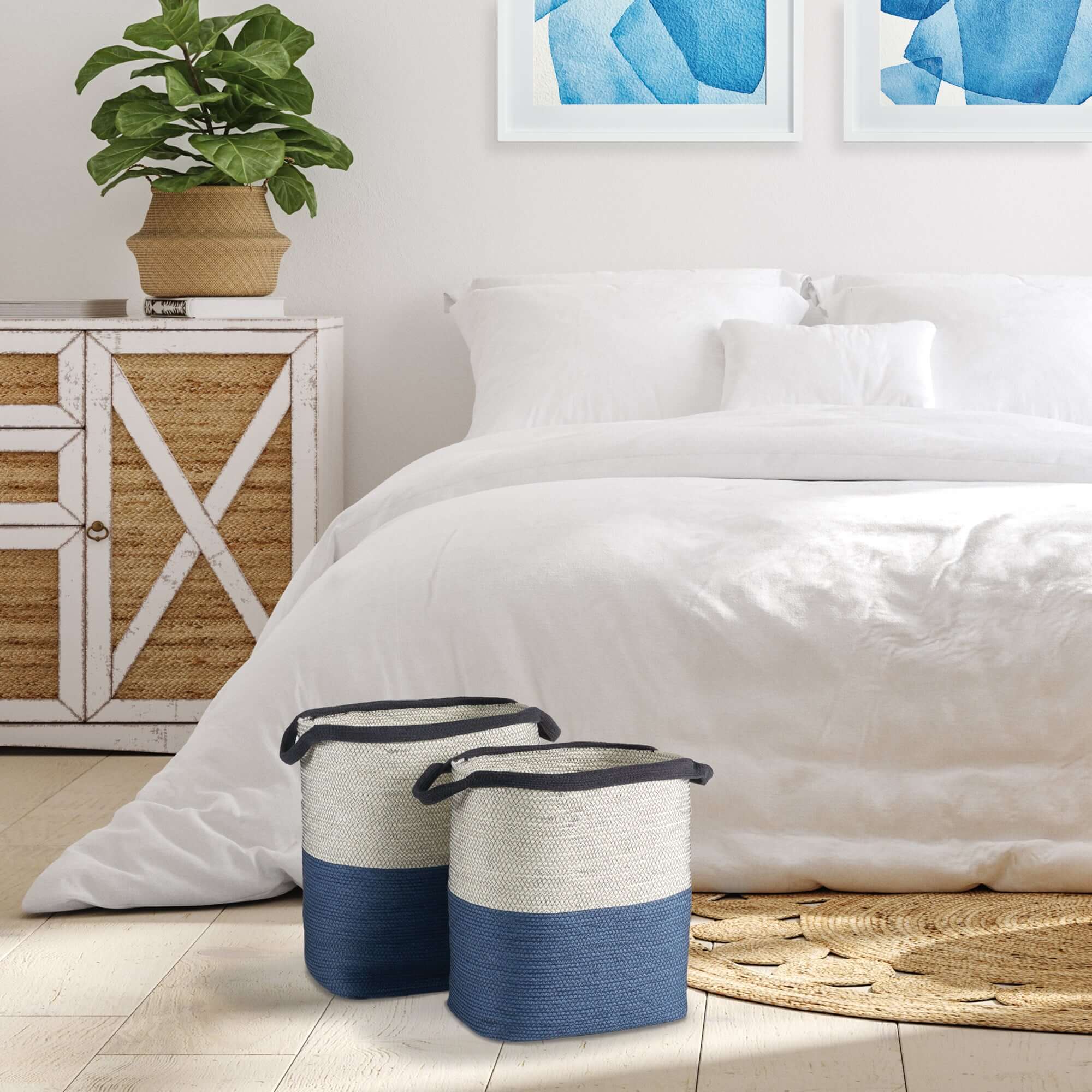 Coastal Blue and Natural Woven Storage Baskets with Handles (Set of 2)