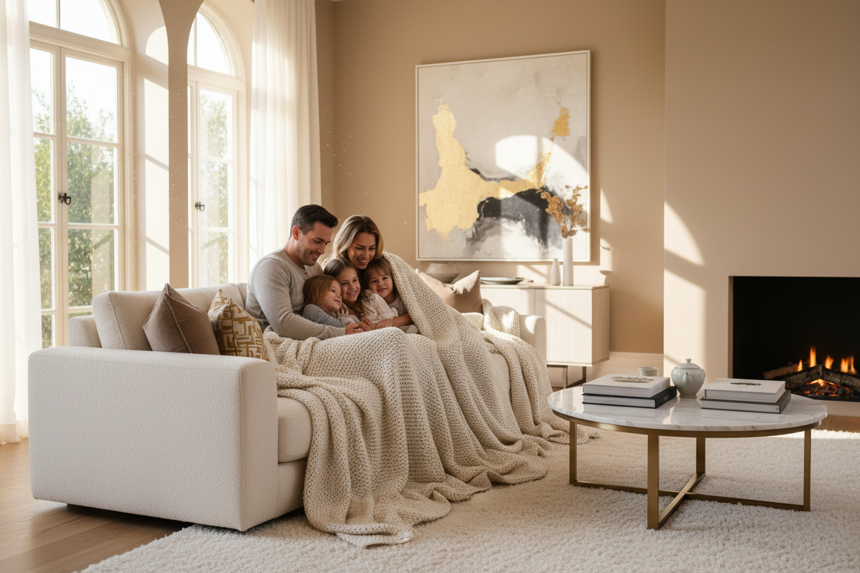generate an image of a family cuddling up in a luxury room with a luxury blanket on their sofy