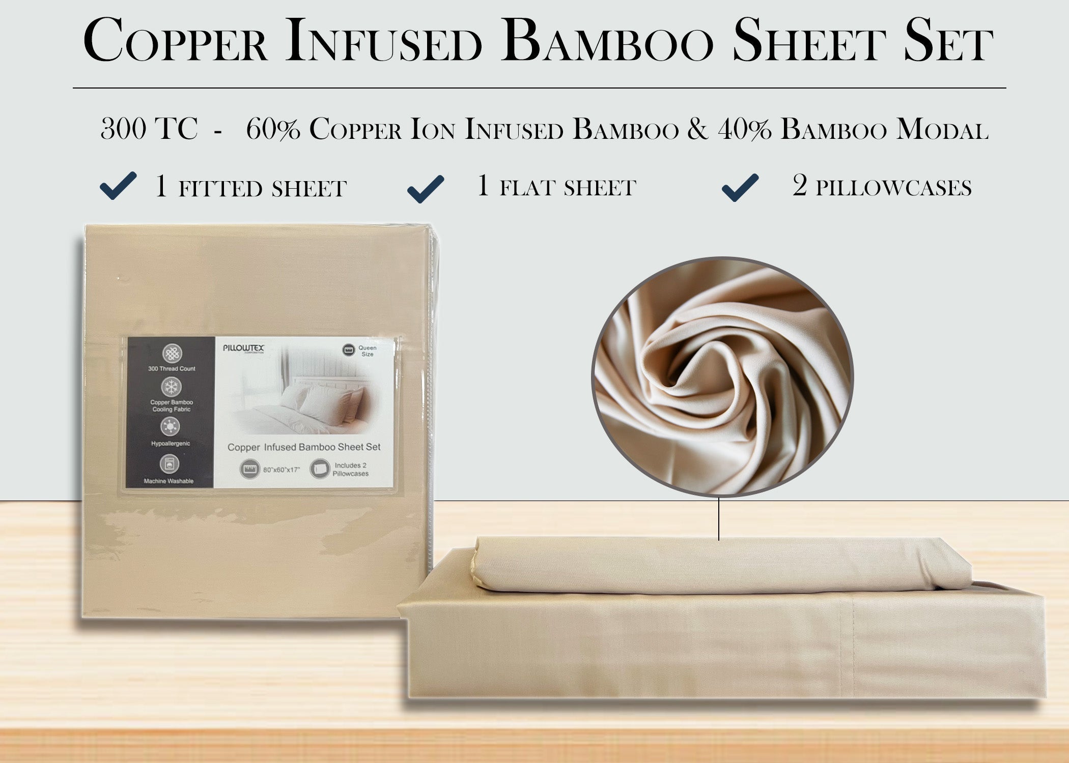 Pillowtex Copper Infused Bamboo Sheet Set | Antimicrobial, Cooling, and Breathable